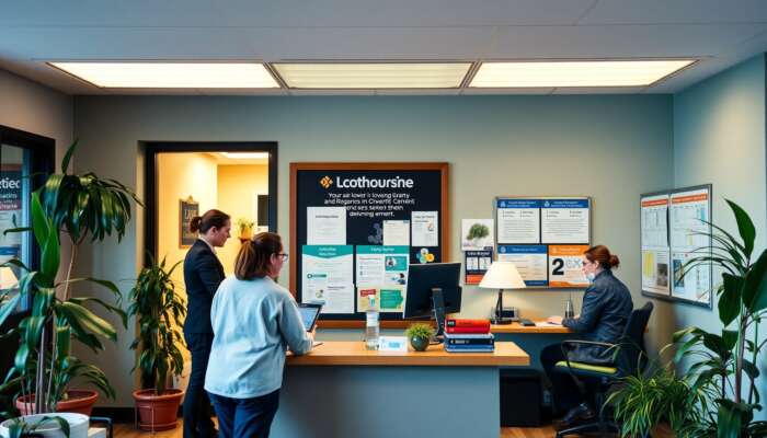 Interior of a welcoming local credit union with friendly staff helping members, featuring promotional materials about low-interest loans, plants, and warm lighting.