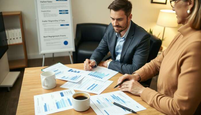 A borrower and a lender engaged in a focused discussion over financial documents in a professional office, highlighting charts and graphs related to interest rates and repayment options.
