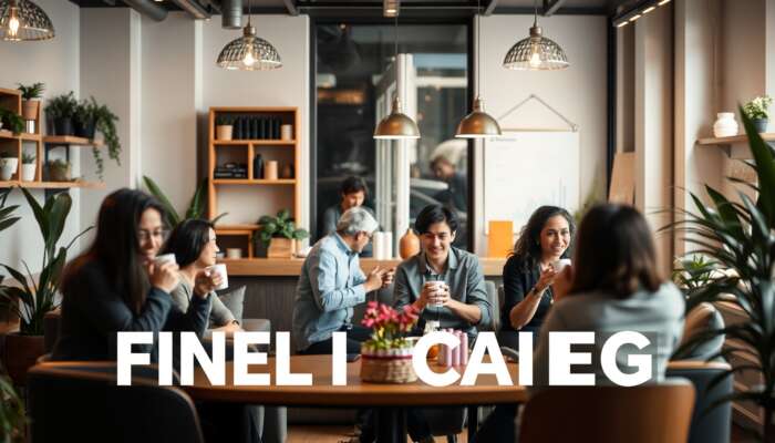 A cozy coffee shop interior with diverse people discussing over coffee, featuring warm lighting and plants, ideal for personal conversations and financial planning.