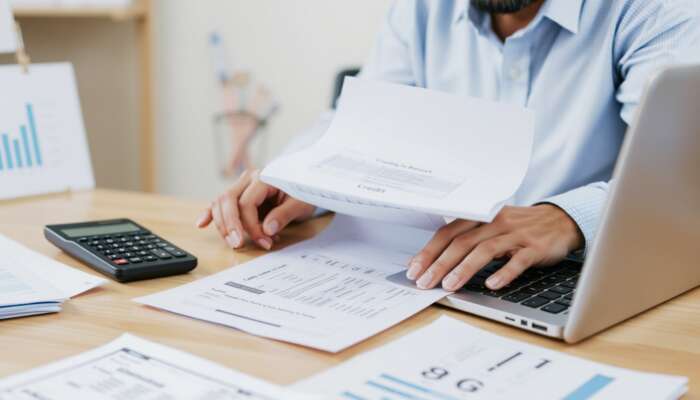 A person closely reviewing a credit report at a desk, surrounded by financial documents and a calculator, symbolizing credit repair and financial management.