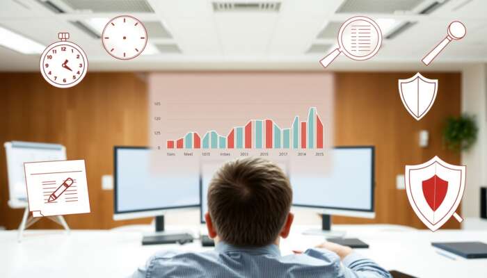 Person analyzing a credit score chart in an office, surrounded by symbols representing myths about credit repair, including a broken clock, magnifying glass, and shield.