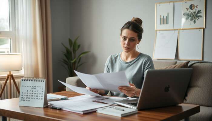 A focused woman in her living room reviews her credit report and creates a repayment plan, surrounded by financial documents and a laptop, embodying determination and empowerment.