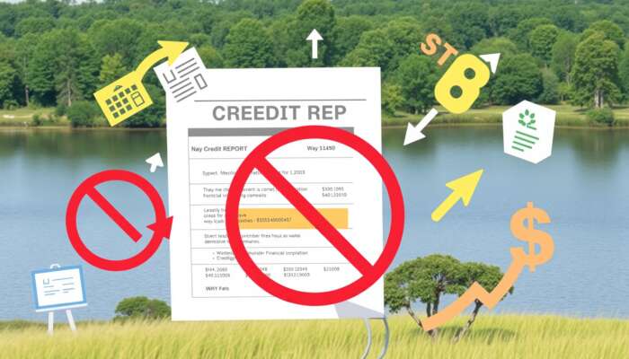 Abstract depiction of a credit report with highlighted inaccuracies, surrounded by symbols of financial growth like arrows and dollar signs, set against a Mississippi landscape, illustrating credit repair and financial empowerment.