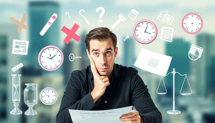A person with a confused expression examines a credit report, surrounded by symbols of quick fixes like band-aids and clocks, contrasted with hourglasses and scales, set against a blurred cityscape background.