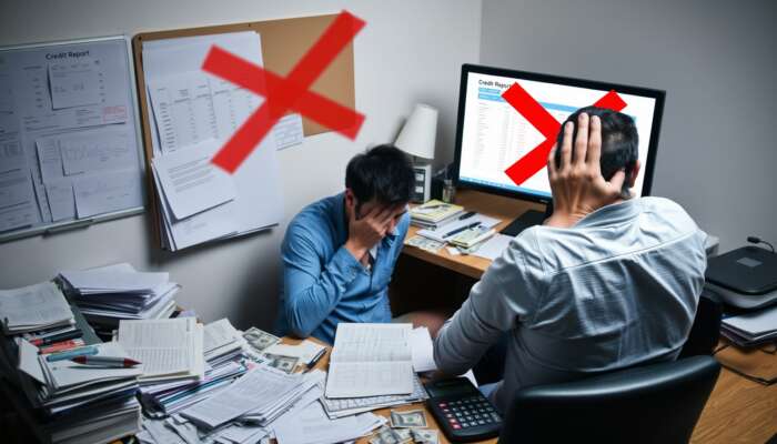 Frustrated person at a cluttered desk reviewing a credit report with a red "X" marking errors, surrounded by bills and a calculator, illustrating confusion about financial management.