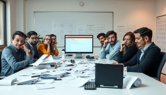 A diverse group of people in a modern office, visibly confused and frustrated, surrounded by scattered papers and a computer error, illustrating common workplace mistakes.