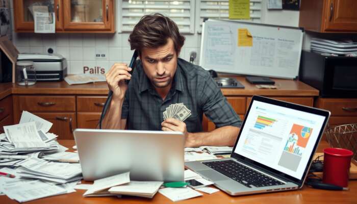 A stressed individual at a cluttered kitchen table, surrounded by bills and notices, holds a phone with a worried expression, with cash and a laptop in front, illustrating financial struggle.