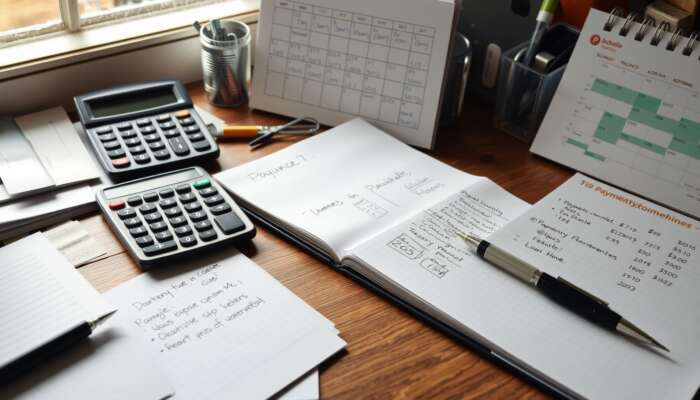 A cluttered desk with financial documents, a calculator, and a calendar showing payment deadlines, alongside a notepad with organized notes on income, expenses, and loan amounts.