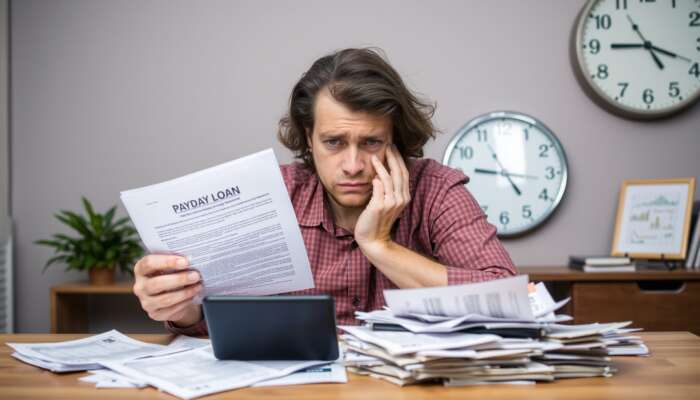 A stressed individual reviewing a payday loan agreement at a table cluttered with bills and a calculator, with a clock indicating urgency in the background.