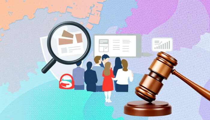 Collage of consumer protection symbols including a shield, magnifying glass, diverse people discussing rights, and a gavel on an abstract background.