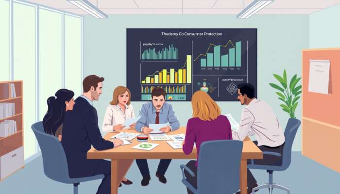 Diverse team of professionals collaborating in a modern office, analyzing documents on consumer financial products, with graphs on a screen illustrating payday loans and consumer protection.