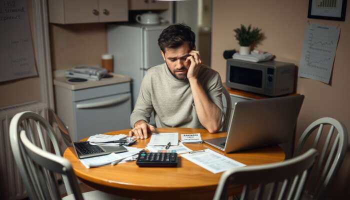 A concerned individual at a kitchen table surrounded by bills, a calculator, and a laptop displaying financial charts, illustrating the stress of managing unexpected expenses in a modest home environment.
