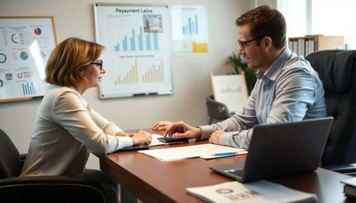 A financial counselor and a client discussing a repayment plan at a desk with charts, financial documents, a calculator, and a laptop in a cozy office.
