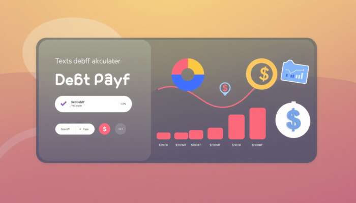Modern debt payoff calculator interface displaying a decreasing debt balance with pie charts and progress bars on a calming abstract background.