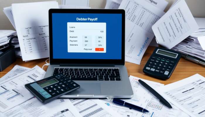 A cluttered desk with a laptop displaying a debt payoff calculator, surrounded by papers detailing loan amounts, interest rates, payment schedules, and a budget sheet, emphasizing financial planning and organization.