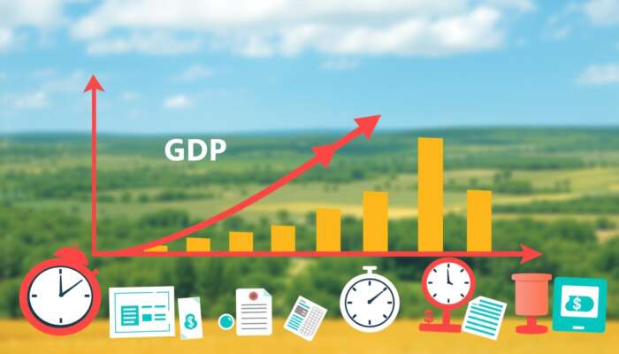 Graph showing the correlation between GDP growth and unemployment rates in Mississippi, featuring arrows for trends and payday loan symbols like cash and clocks, with a Mississippi landscape background.