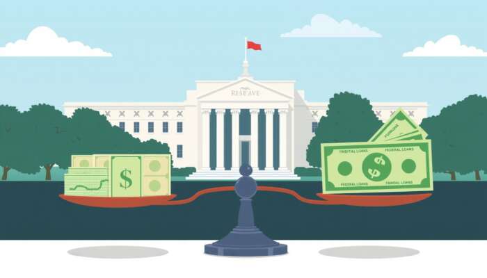 A scale balancing traditional loans and payday loans with dollar bills on one side and the Federal Reserve building in the background, symbolizing the impact of interest rates on borrowing costs in Mississippi.