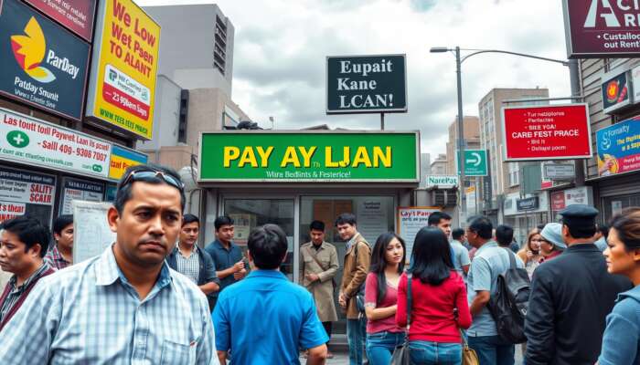 A busy urban street scene featuring a payday loan storefront with diverse individuals entering and exiting, reflecting concern and urgency amid financial service advertisements under a cloudy sky.