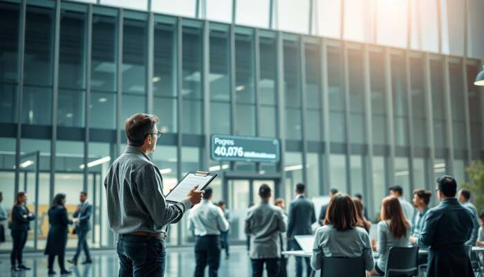 A person with a clipboard examines a digital progress bar in front of an office building, while a diverse group discusses with urgency.