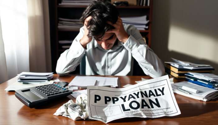 A distressed person at a cluttered table with bills and a calculator, holding their head in their hands, with a crumpled payday loan ad in the foreground, illustrating financial anxiety.