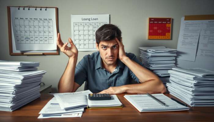 A worried person surrounded by loan documents, illustrating confusion over fine print, with a calendar showing due dates and a calculator and notebook symbolizing financial planning.