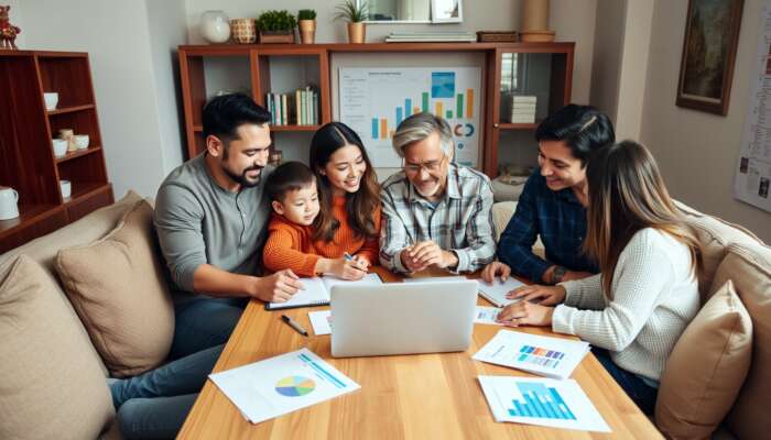 A diverse family collaborating on a monthly budget plan around a table in a cozy living room, with a laptop, notepads, and colorful charts, highlighting teamwork and financial planning.