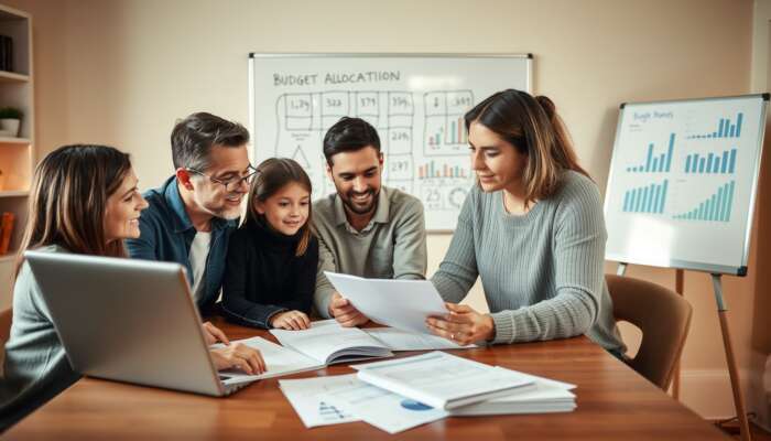 A family reviewing financial documents and a laptop at a table, with charts and graphs on a whiteboard, emphasizing budget analysis and adjustments in a cozy home environment.
