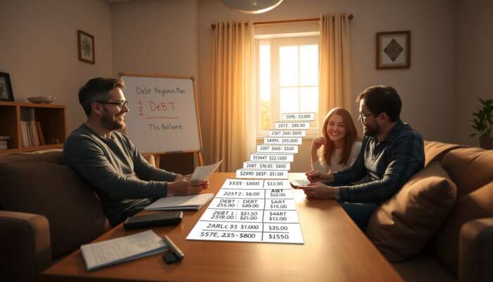 A family collaboratively working on a debt repayment plan at a table in a cozy living room, with financial documents, a calculator, and a staircase made of debt amounts leading to a bright window symbolizing financial freedom.