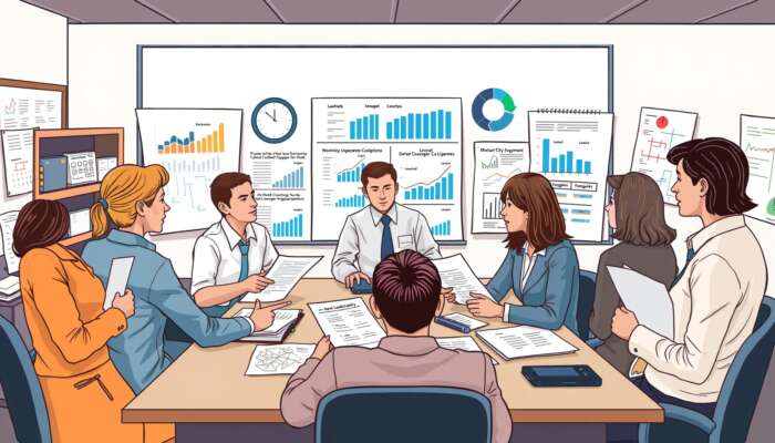A diverse group of professionals in a regulatory office reviewing documents and financial reports, symbolizing the licensing process for payday lenders.