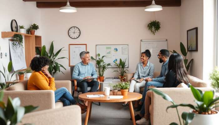 A welcoming office space where a friendly financial advisor discusses loan options with diverse clients, surrounded by plants and comfortable seating.