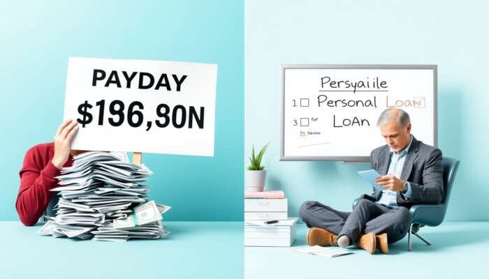 A split image contrasting a stressed person with bills and a "Payday Loan" sign highlighting high interest rates, alongside a relaxed individual reviewing documents labeled "Personal Loan" with lower interest rates and a clear repayment plan.