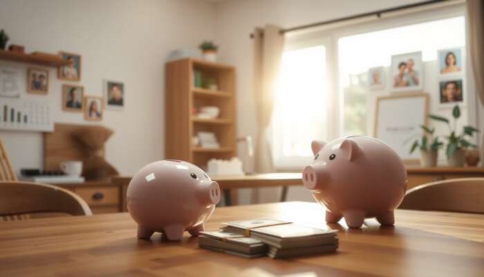 Cozy home interior with a piggy bank and stack of cash on a kitchen table, symbolizing financial safety and stability, illuminated by warm sunlight with family photos in the background.