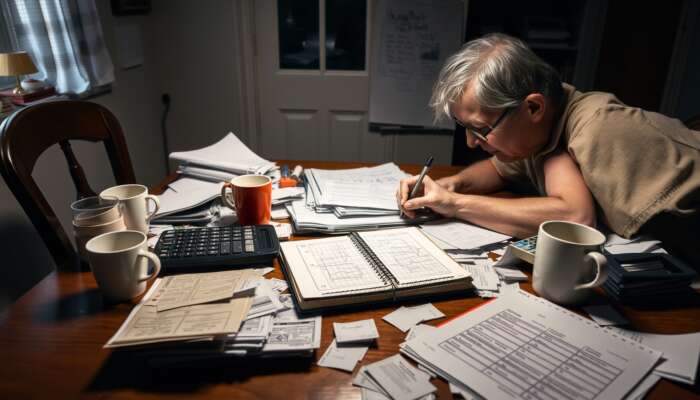 A weary resident at a cluttered kitchen table filled with bills, a calculator, and a notebook, illustrating the struggle of managing debt while budgeting for an emergency fund.