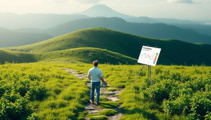 A person on a path in a lush landscape, holding a compass and calculator, symbolizing financial navigation towards goals.