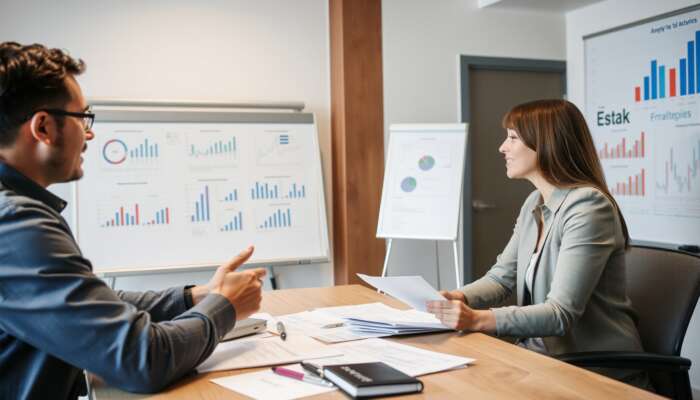 A financial advisor and client collaborating on debt avoidance strategies in a modern office, with financial documents and charts visible.