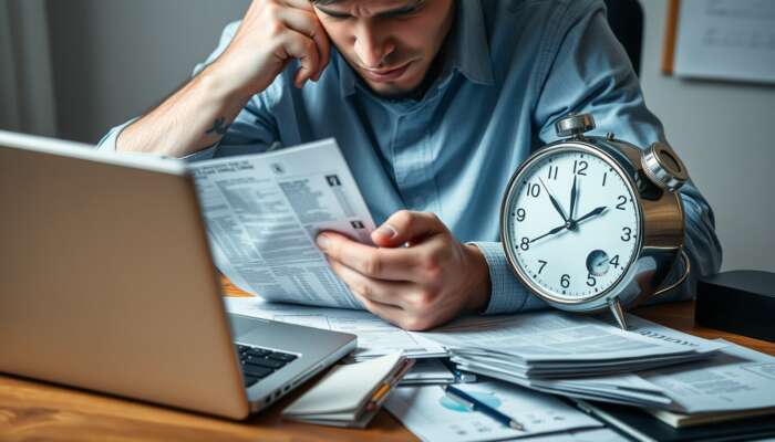 A worried person at a desk surrounded by bills and a laptop, calculating expenses with a calculator, highlighting financial stress and urgency.