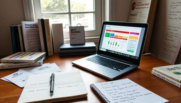 Cozy home office with a laptop displaying a budgeting tool, surrounded by financial literacy books, loan comparison charts, and handwritten notes, all in a warm, inviting atmosphere.