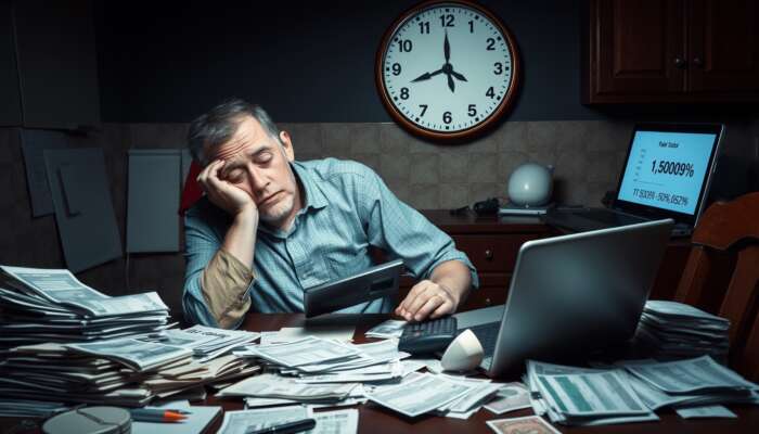 A weary individual at a cluttered kitchen table surrounded by bills and loan documents, calculating high-interest rates on a laptop, symbolizing the pressure of debt.
