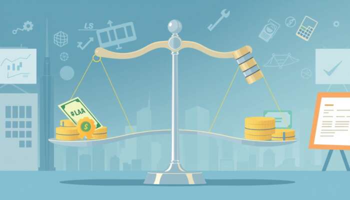 Illustration of a scale balancing payday loans and regulatory measures, highlighting the conflict between high-interest lending and consumer protection, set against a city skyline and financial symbols.