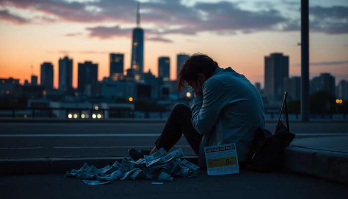 A person sitting on a curb with head in hands, surrounded by crumpled bills and a payday loan notice, illustrating stress and emotional turmoil against a cityscape at dusk.