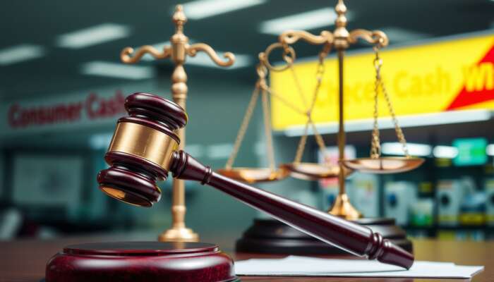 A gavel and scales of justice in a legal setting, with check cashing services in the background, representing consumer protection, regulation, transparency, and fairness.