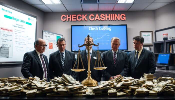 State regulators inspecting a check cashing business, emphasizing enforcement and penalties with a balance scale symbolizing justice, surrounded by cash and checks.