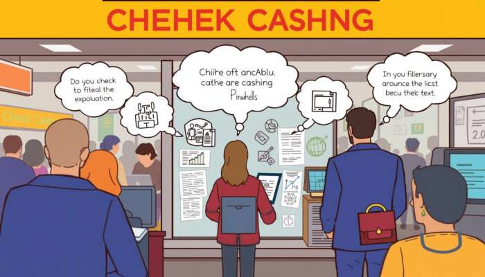 A person at a check cashing service, surrounded by thought bubbles illustrating misconceptions about financial safety, with symbols of check cashing and financial exploitation in a busy urban setting.