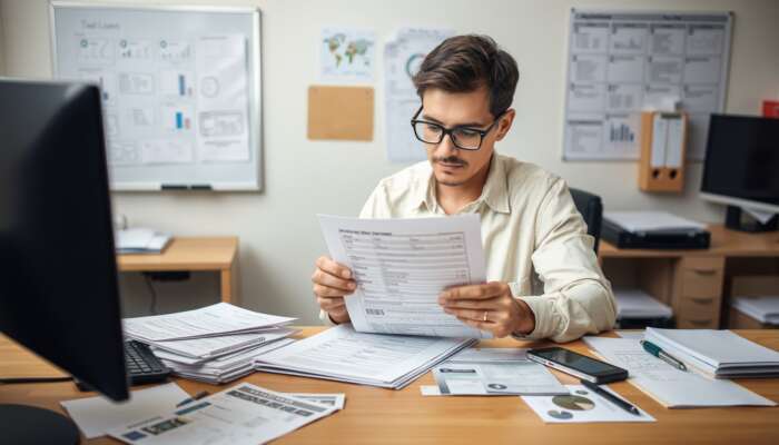 A person completing a loan application at a desk, surrounded by pay stubs, bank statements, and a driver's license, in a bright and organized office.