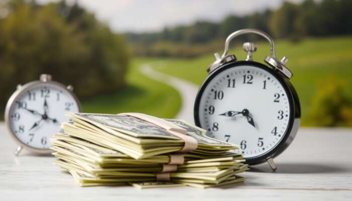 Close-up of cash and a clock representing urgent short-term financial needs, set against a blurred Mississippi landscape.