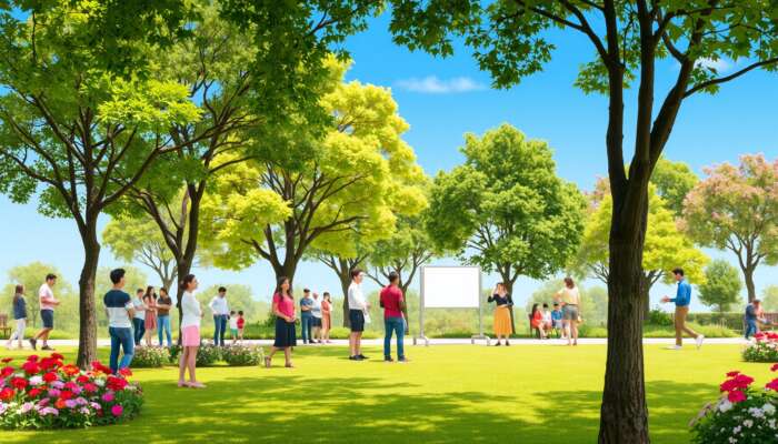 A diverse group of people enjoying a peaceful day in a community park, surrounded by trees and flowers, representing safety and harmony through regulations.