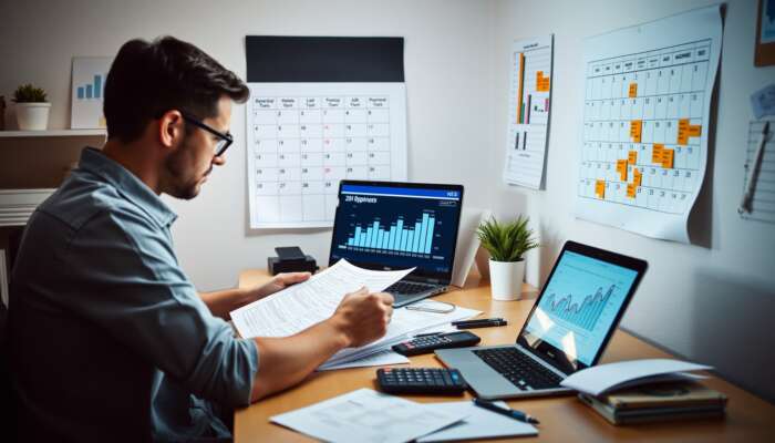 Person reviewing financial documents in a serene home office, surrounded by budgeting tools, a laptop with graphs, a calculator, and a wall calendar, illustrating effective debt management and financial stability.