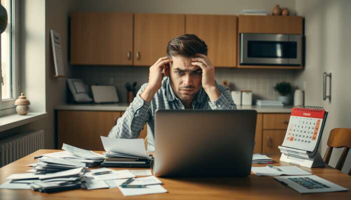 A stressed person at a kitchen table with bills and a laptop, calculating finances under soft lighting, with a calendar marking payday in red.