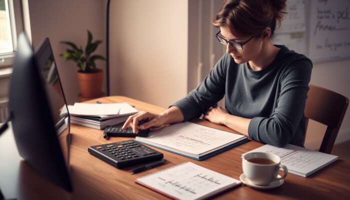 Person planning a structured repayment plan at a table with a calculator and notepad, surrounded by calming elements like a potted plant and a cup of tea, in a softly lit workspace.
