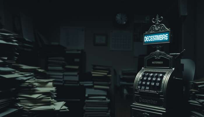 Cluttered office with paperwork and a vintage cash register showing a high interest rate symbol, reflecting payday lending regulations in Mississippi.